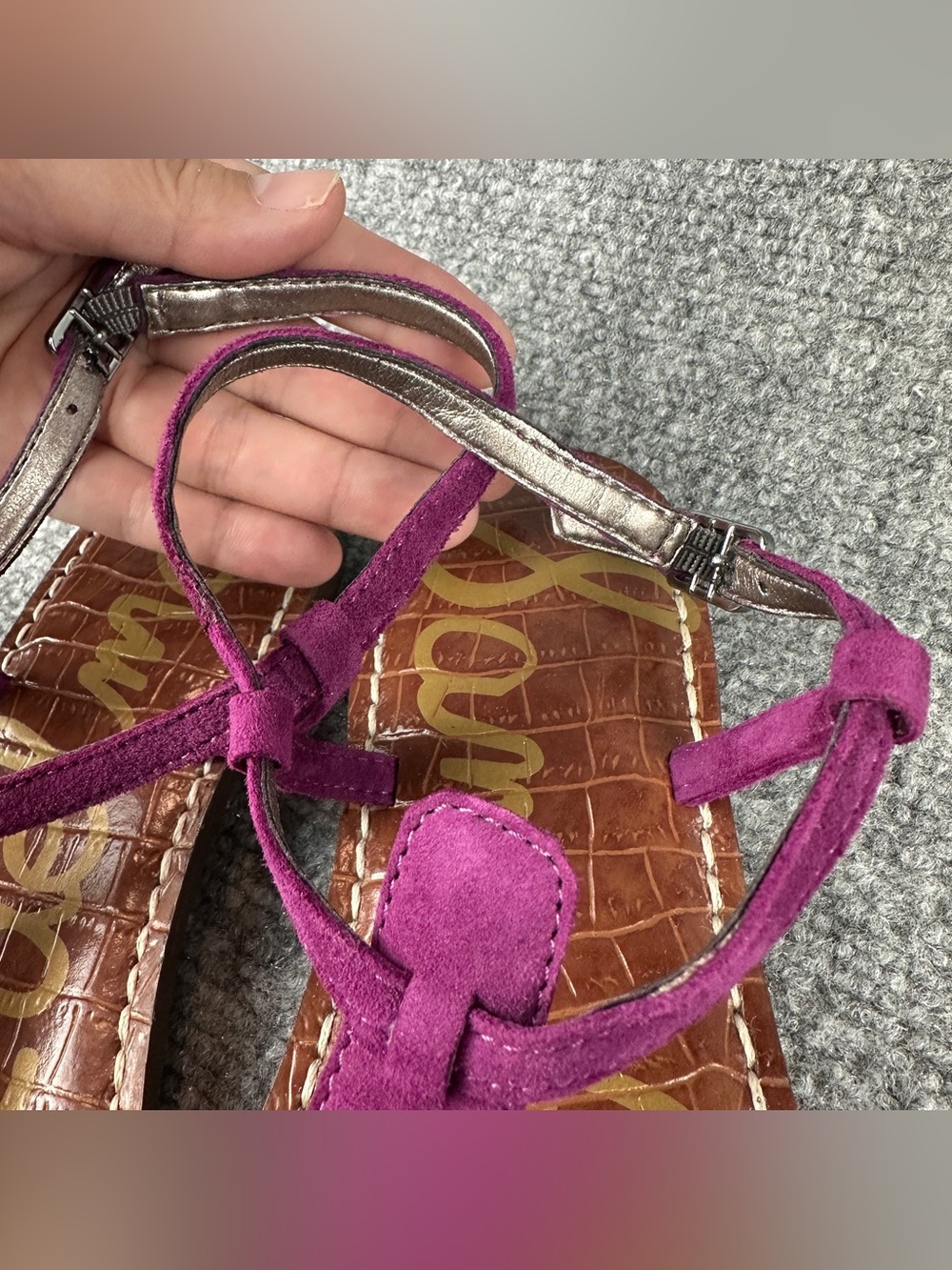 Sam Edelman Gigi Thong Sandals 7.5 Purple Suede Ankle Strap Flat Comfort - Picture 16 of 16